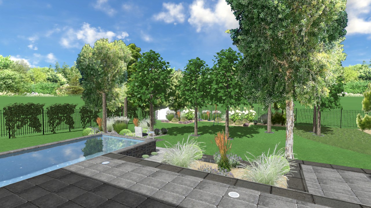 Wizualizacja ogrodu z istniejącymi drzewami